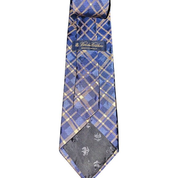 Brooks Brothers Mens Silk‎ Tie Blue & Gold Plaid Pattern - Picture 3 of 3